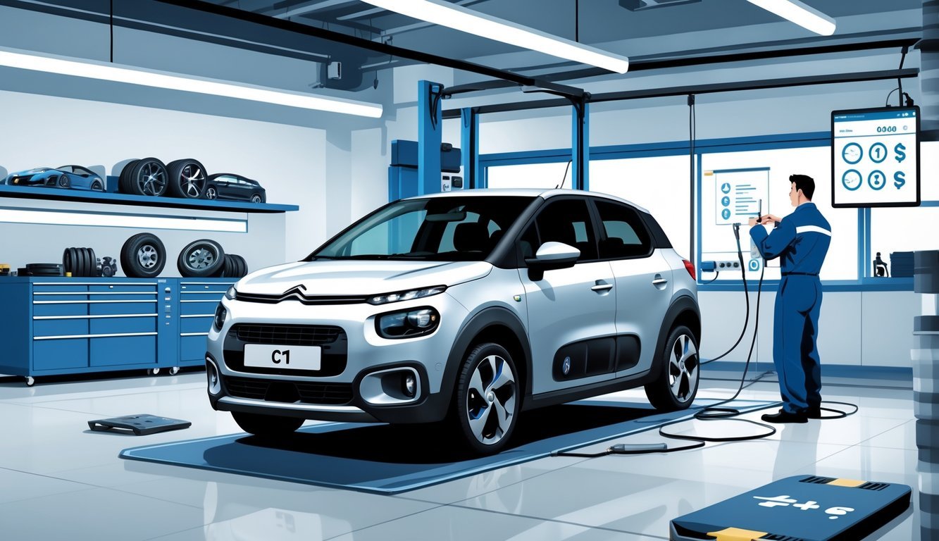 Citroën C1 u automehaničarskoj radionici dok mehaničar pregledava automobil uz prikaz tipičnih problema i troškova servisa.