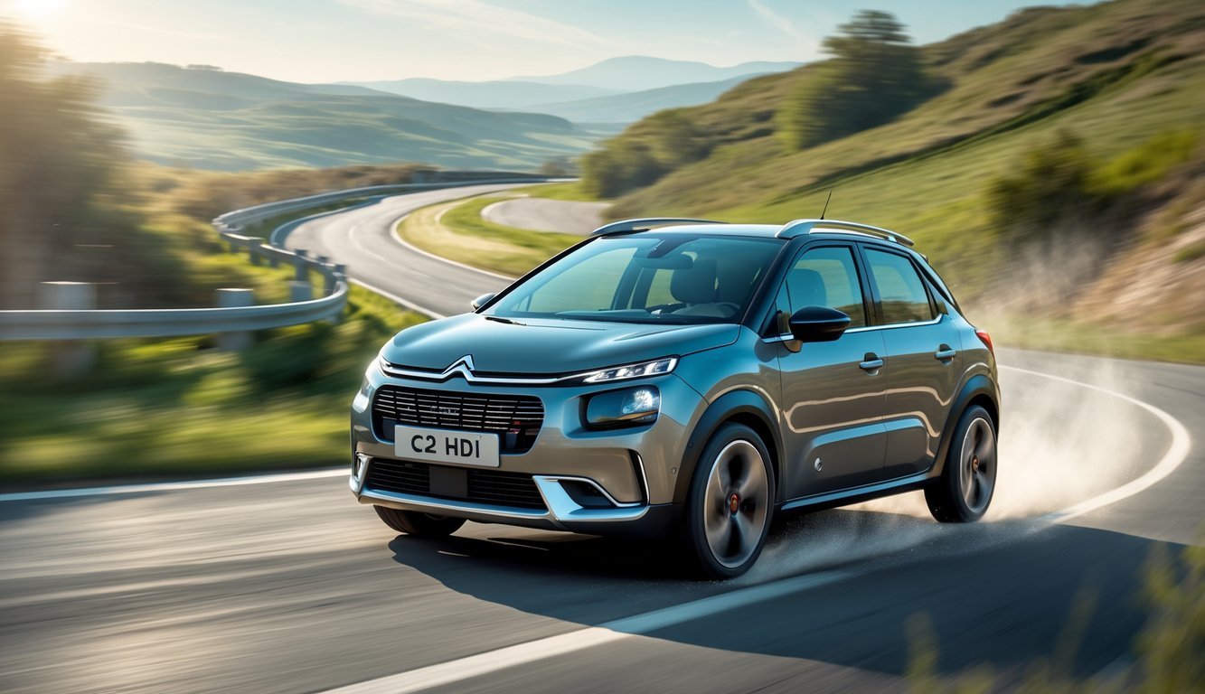 Citroën C2 1.4 HDi automobil u vožnji na vijugavoj cesti kroz prirodni krajolik.