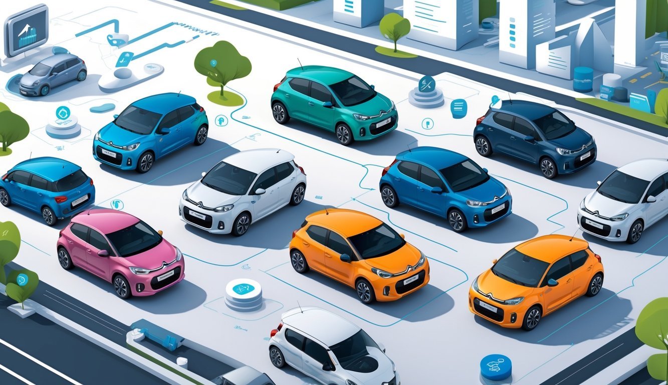 Prikaz nekoliko rabljenih Citroen C1 automobila u različitim bojama, s ikonama koje predstavljaju opremu i grafovima koji ilustriraju cijene i tržište.