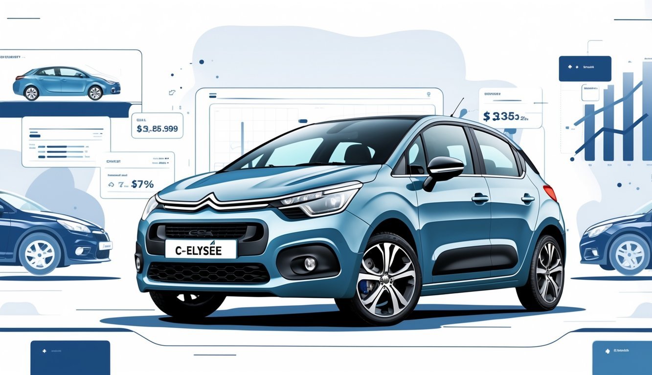 Prikaz rabljenog Citroëna C-Elysée 1.2 izloženog na tržištu s oznakama opreme i cijenama.