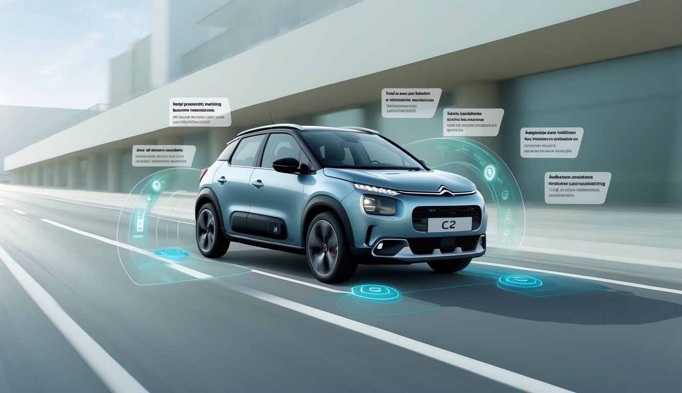 Automobil Citroën C2 1.4 HDi na cesti s prikazom sigurnosnih i pomoćnih sustava vozaču.