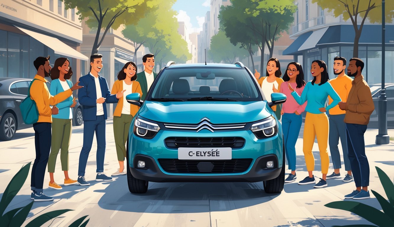 Grupa ljudi razgovara kraj Citroëna C-Elysée 1.2 parkiranog na gradskom ulici.
