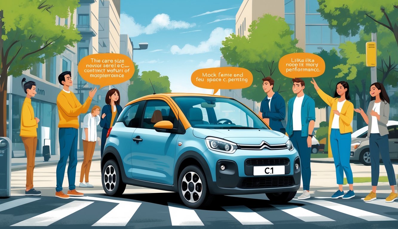 Grupa ljudi razgovara pored parkiranog malog automobila Citroën C1 na gradskoj ulici, prikazujući njihove pozitivne i negativne dojmove o vozilu.
