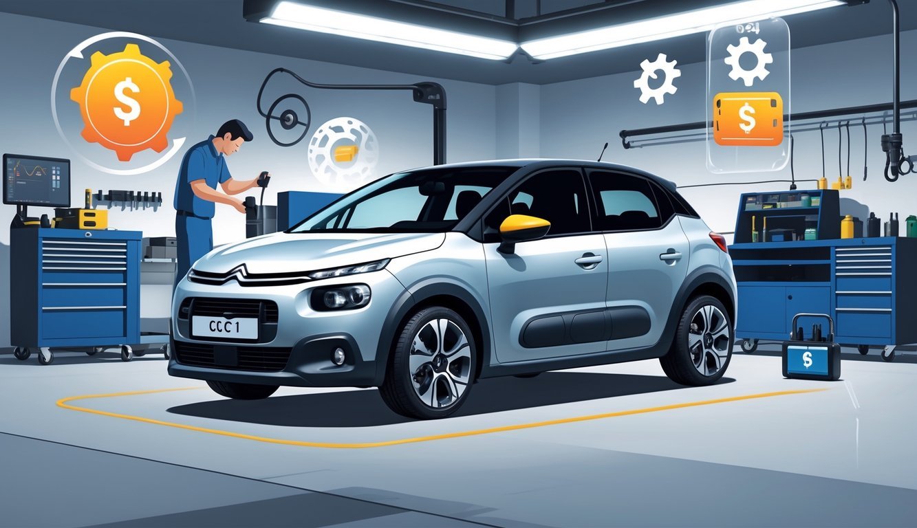 Mehaničar pregledava motor Citroëna C2 u radionici s prikazom tipičnih kvarova i troškova servisa.