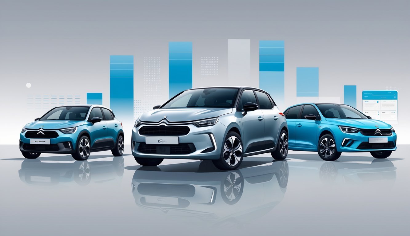 Prikaz nekoliko automobila, uključujući Citroën C-Elysée 1.2 i konkurentske modele, postavljenih jedan pored drugog za usporedbu.