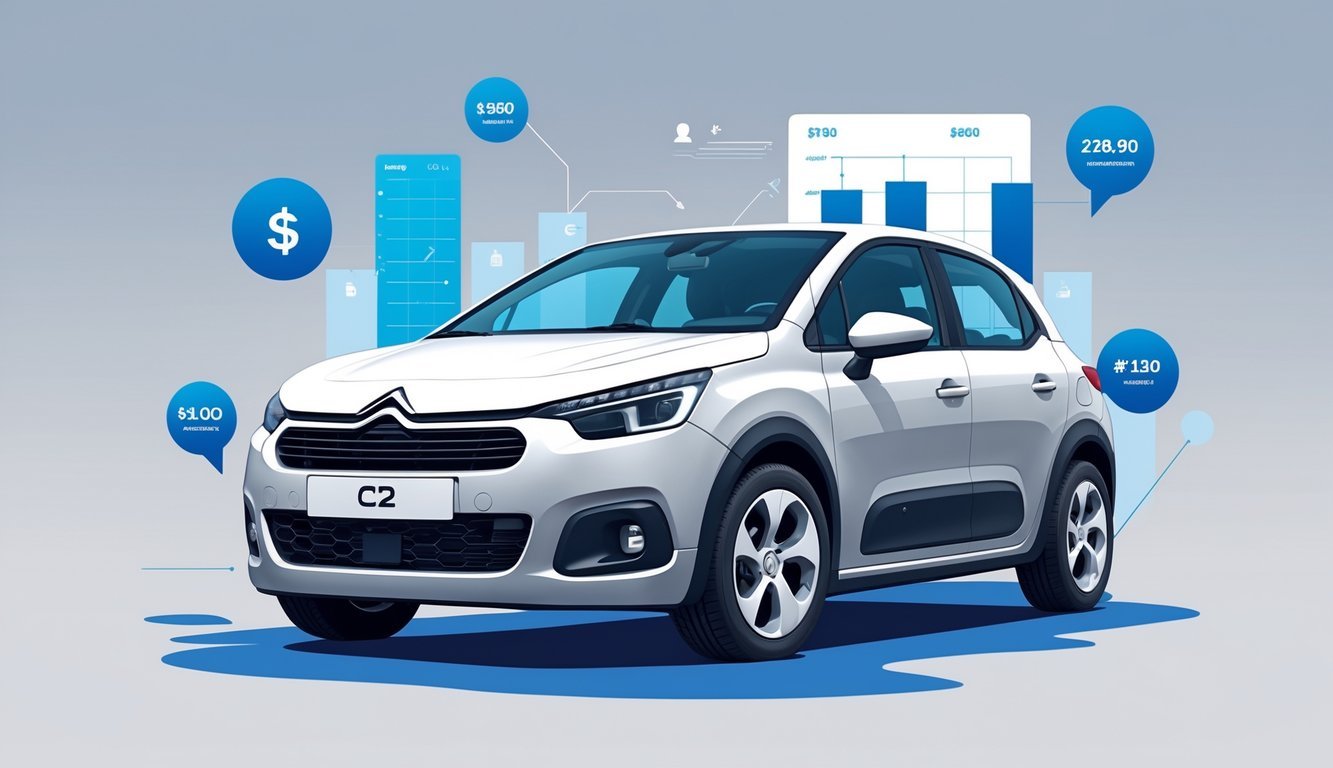 Ilustracija rabljenog Citroëna C2 1.4 HDi s prikazom automobila i simbola vezanih uz cijene, opremu i tržište.