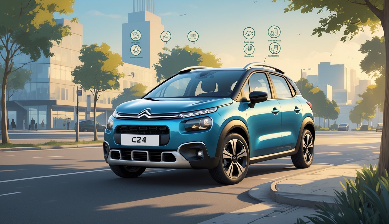 Citroën C2 1.4 HDi parkiran na gradskoj ulici s prikazom simbola koji ilustriraju prednosti i mane iz iskustava vlasnika.