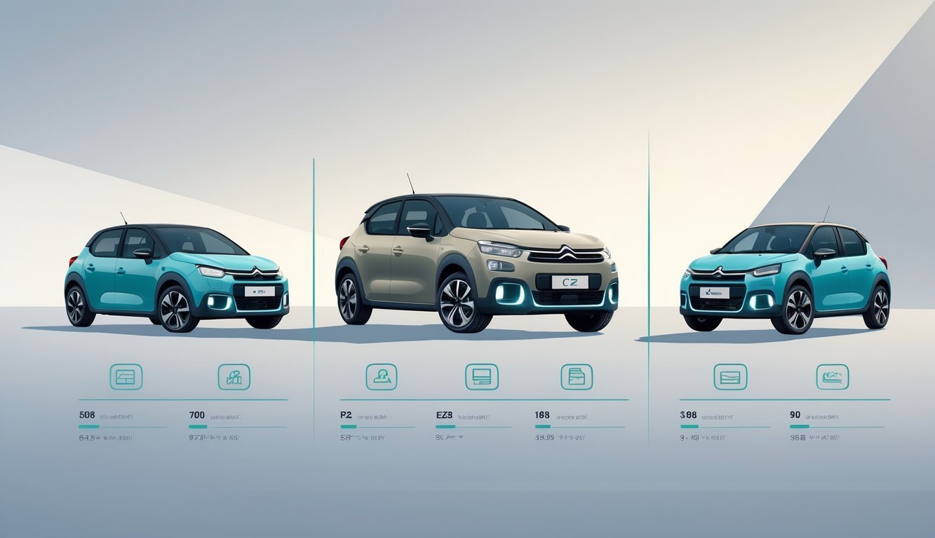 Tri kompaktna automobila postavljena jedan do drugog, s naglaskom na Citroen C2 1.4 HDi u sredini, uz ikone koje prikazuju specifikacije i usporedbu performansi.