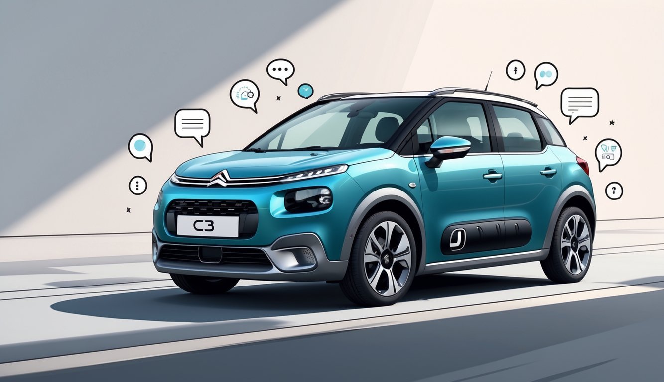 Prikaz automobila Citroën C3 druge generacije na gradskoj ulici s ikonama koje simboliziraju iskustva korisnika.