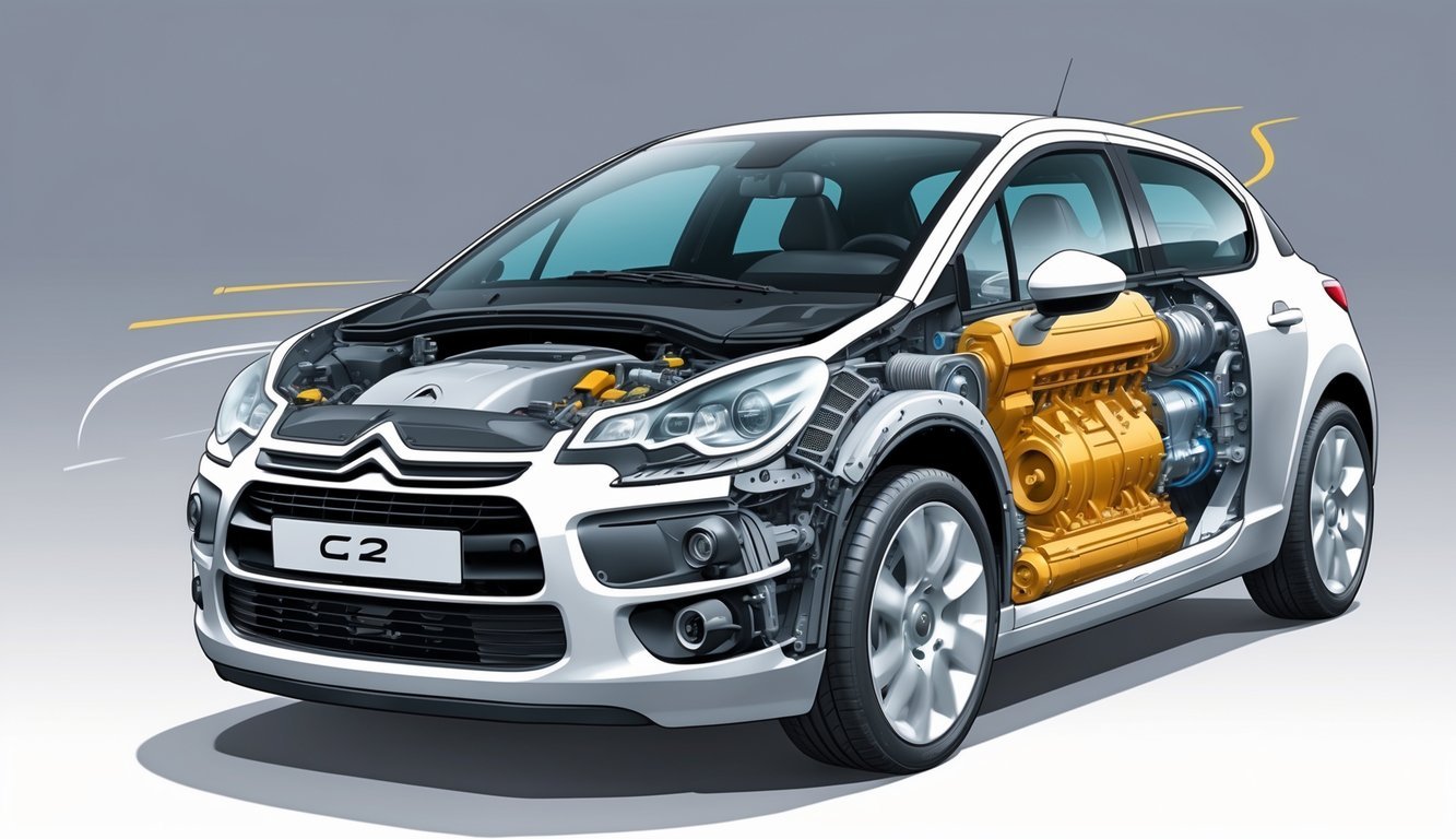 Detaljan prikaz motora, performansi i mjenjača Citroëna C3 2 s vidljivim mehaničkim dijelovima i prijenosnim sustavom.