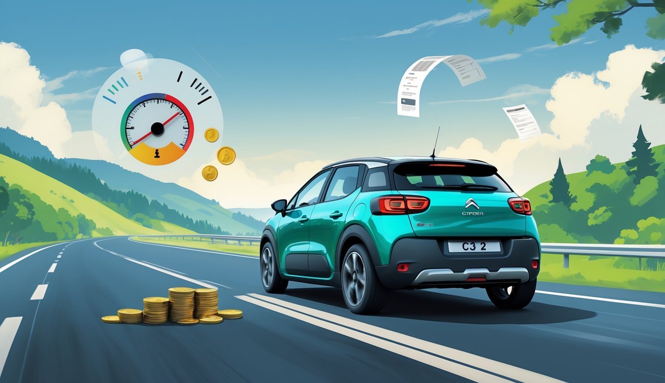 Automobil Citroën C3 2 vozi cestom okružen zelenim drvećem i brežuljcima, uz prikaze simbola potrošnje goriva i troškova vožnje.