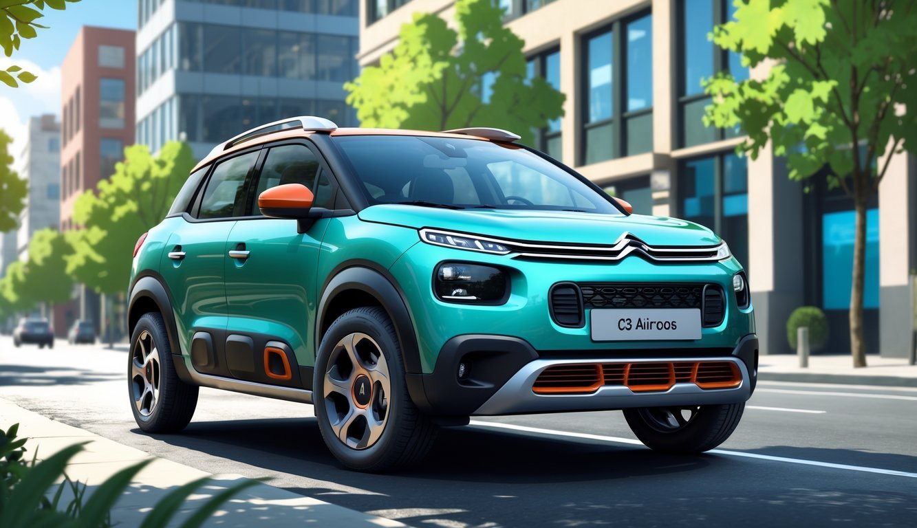 Citroën C3 Aircross parkiran na gradskoj ulici s modernim zgradama i drvećem u pozadini.