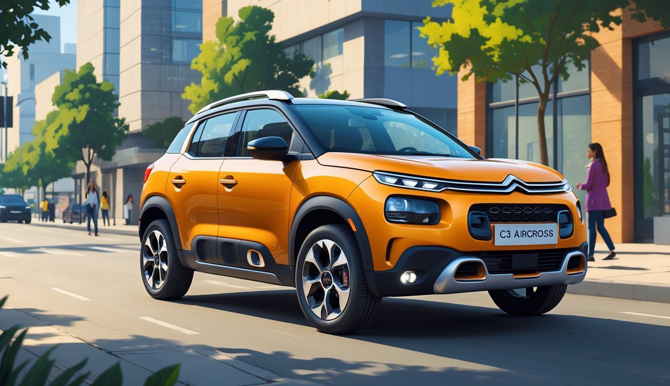 Citroën C3 Aircross parkiran na gradskom ulici s modernim zgradama i drvećem u pozadini.