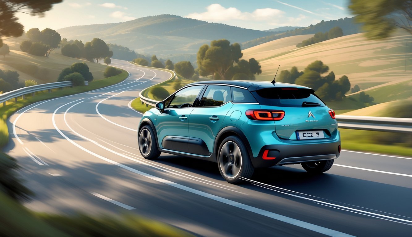 Automobil Citroën C3 2 vozi cestom kroz prirodni krajolik s brežuljcima i drvećem, prikazujući njegov ovjes i osjećaj u vožnji.