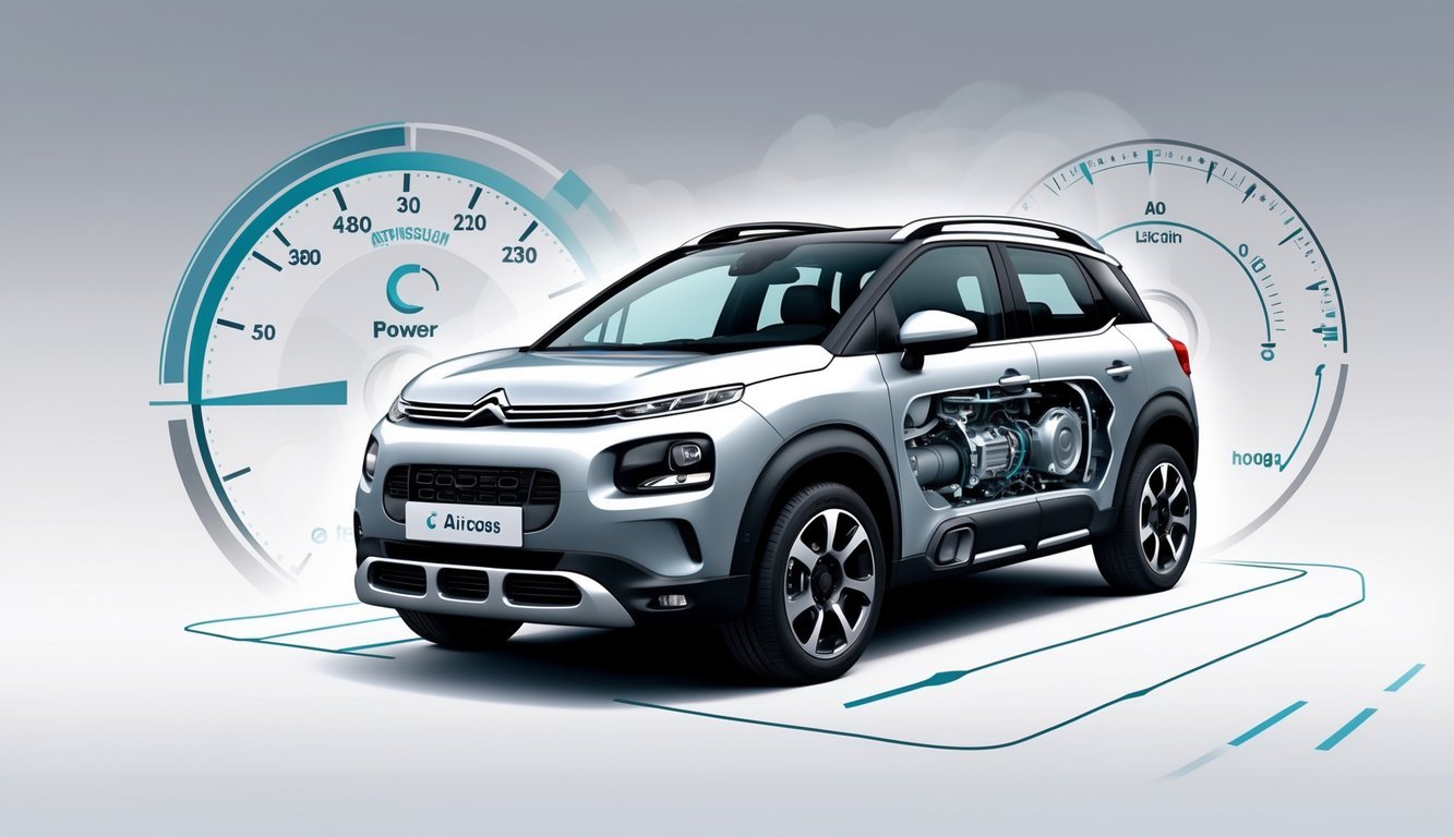 Ilustracija automobila Citroen C3 Aircross s prikazom motora i mjenjača te elementima koji simboliziraju performanse.