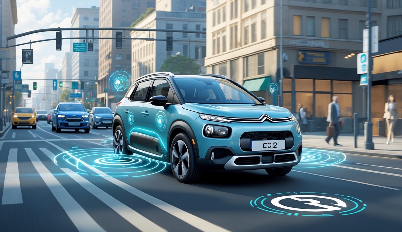 Citroën C3 2 na cesti s prikazom sigurnosnih i pomoćnih sustava vozaču u urbanom okruženju.