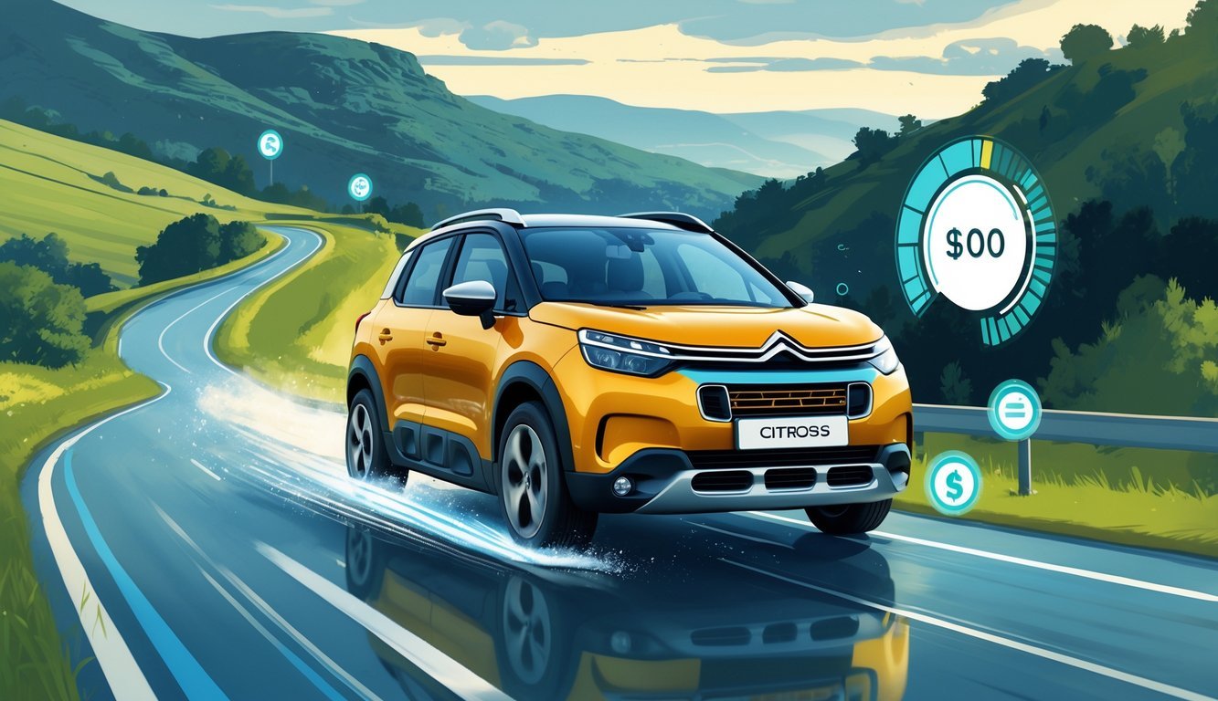 Citroën C3 Aircross koji vozi cestom s prikazom simbola potrošnje goriva i troškova vožnje u pozadini.