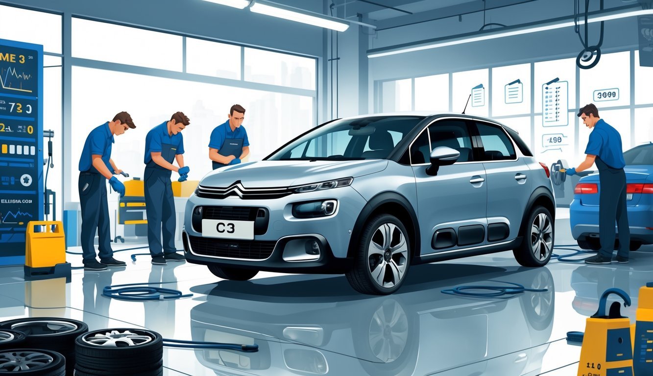 Automobil Citroen C3 2 u radionici dok mehaničari pregledavaju motor, kočnice i donji dio vozila.