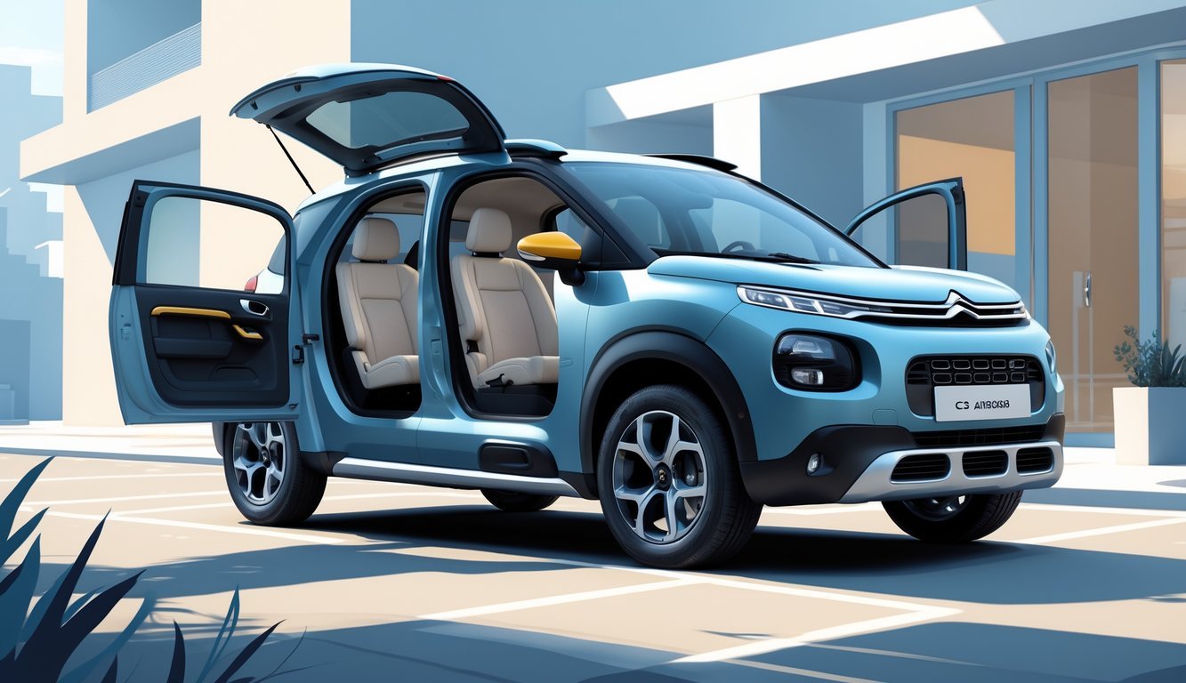 Prikaz Citroëna C3 Aircross s otvorenim vratima koji pokazuje prostran i udoban interijer automobila u urbanom okruženju.