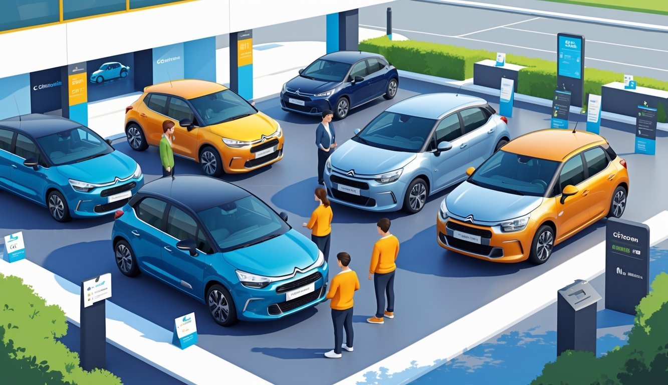 Prodajno mjesto s nekoliko rabljenih Citroën C3 2 automobila i ljudima koji ih pregledavaju.