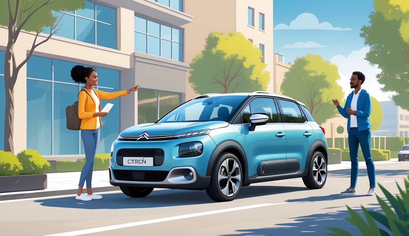 Dva vlasnika stoje pored Citroëna C3 i razgovaraju o svojim iskustvima s automobilom.