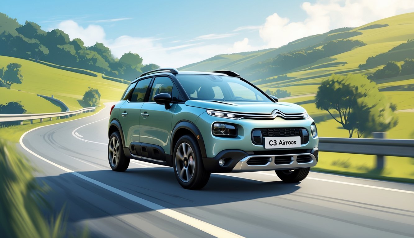 Citroën C3 Aircross u vožnji na zavojitoj cesti kroz prirodu s vidljivim elementima ovjesa.