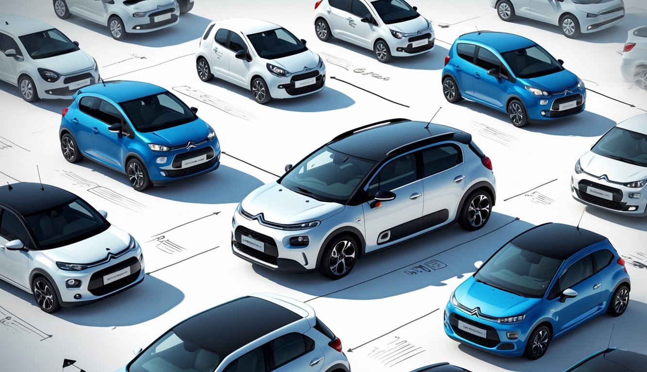 Više kompaktnih automobila postavljenih jedan do drugog radi usporedbe, s Citroën C3 2 u središtu.