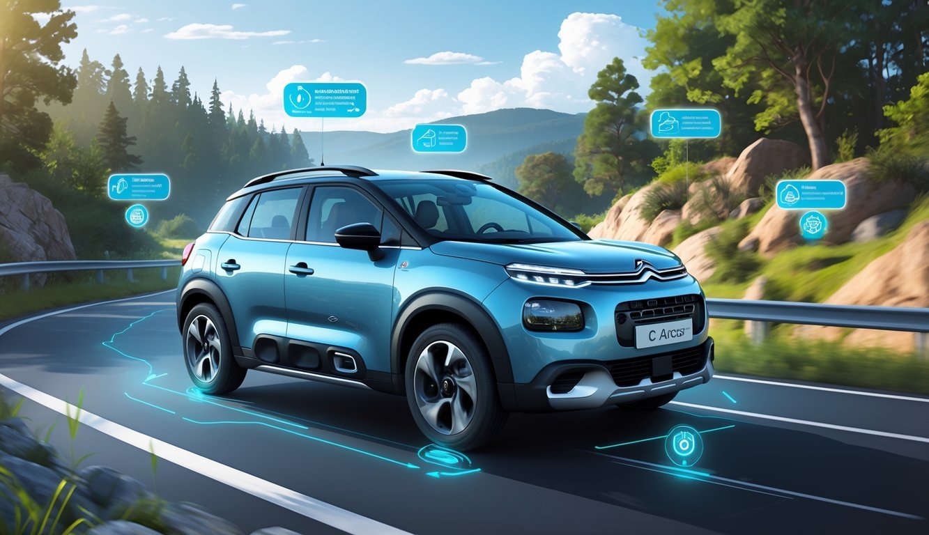 Citroën C3 Aircross na cesti okruženoj prirodom s prikazom sigurnosnih i sustava pomoći vozaču.