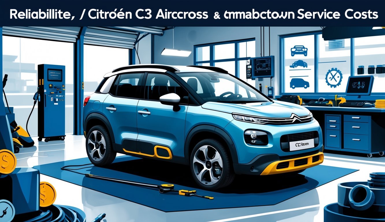 Citroën C3 Aircross u automehaničarskoj radionici s alatima i dijagramima koji prikazuju uobičajene kvarove i troškove servisa.