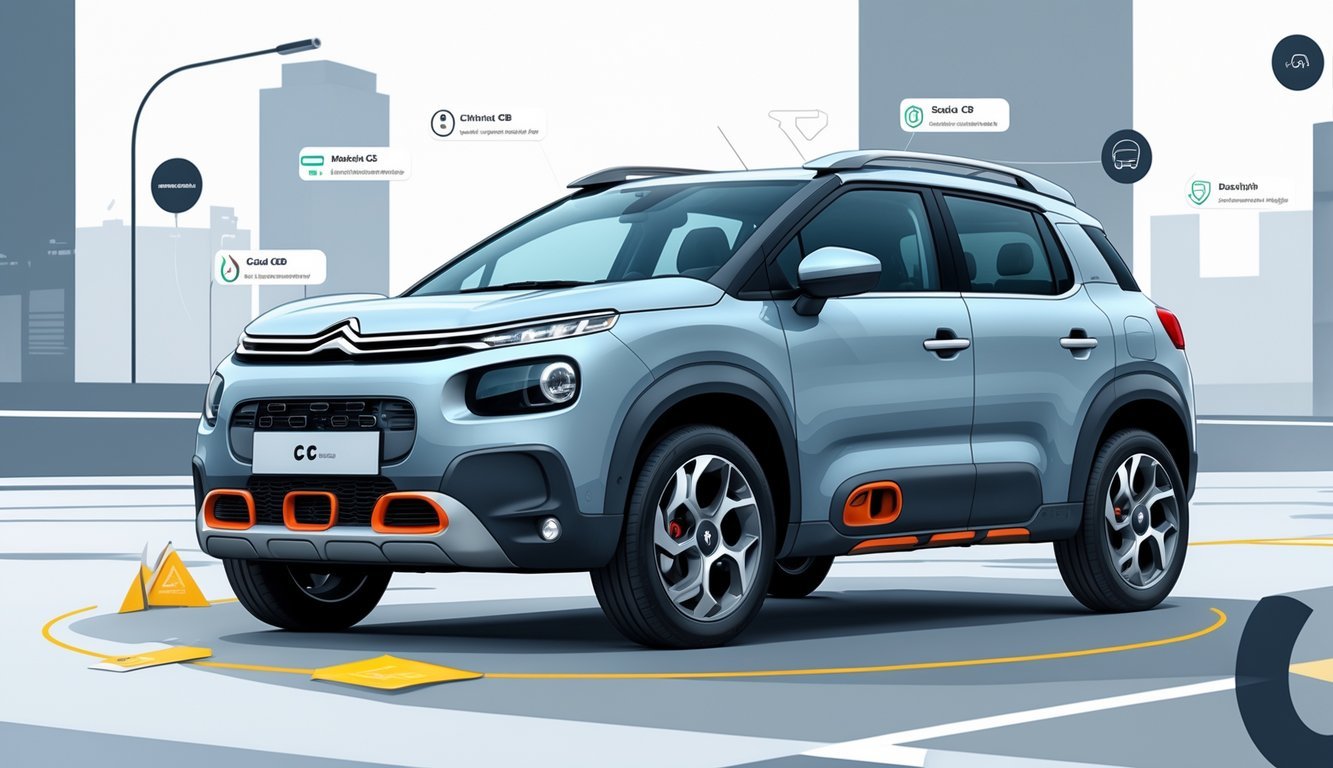 Citroën C3 Aircross parkiran u gradskom okruženju s ikonama koje prikazuju opremu i tržište rabljenih automobila.