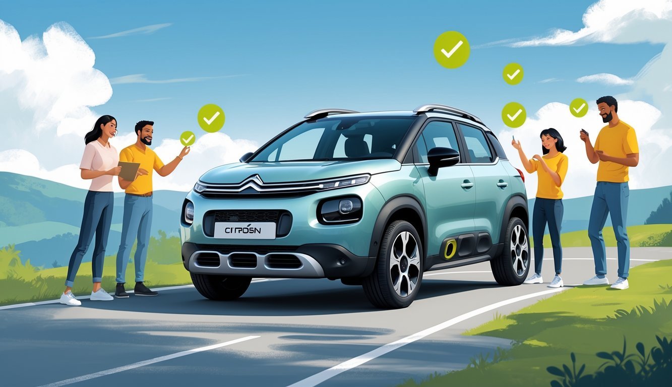 Citroën C3 Aircross parkiran na cesti s nekoliko ljudi koji pregledavaju i razgovaraju o automobilu.