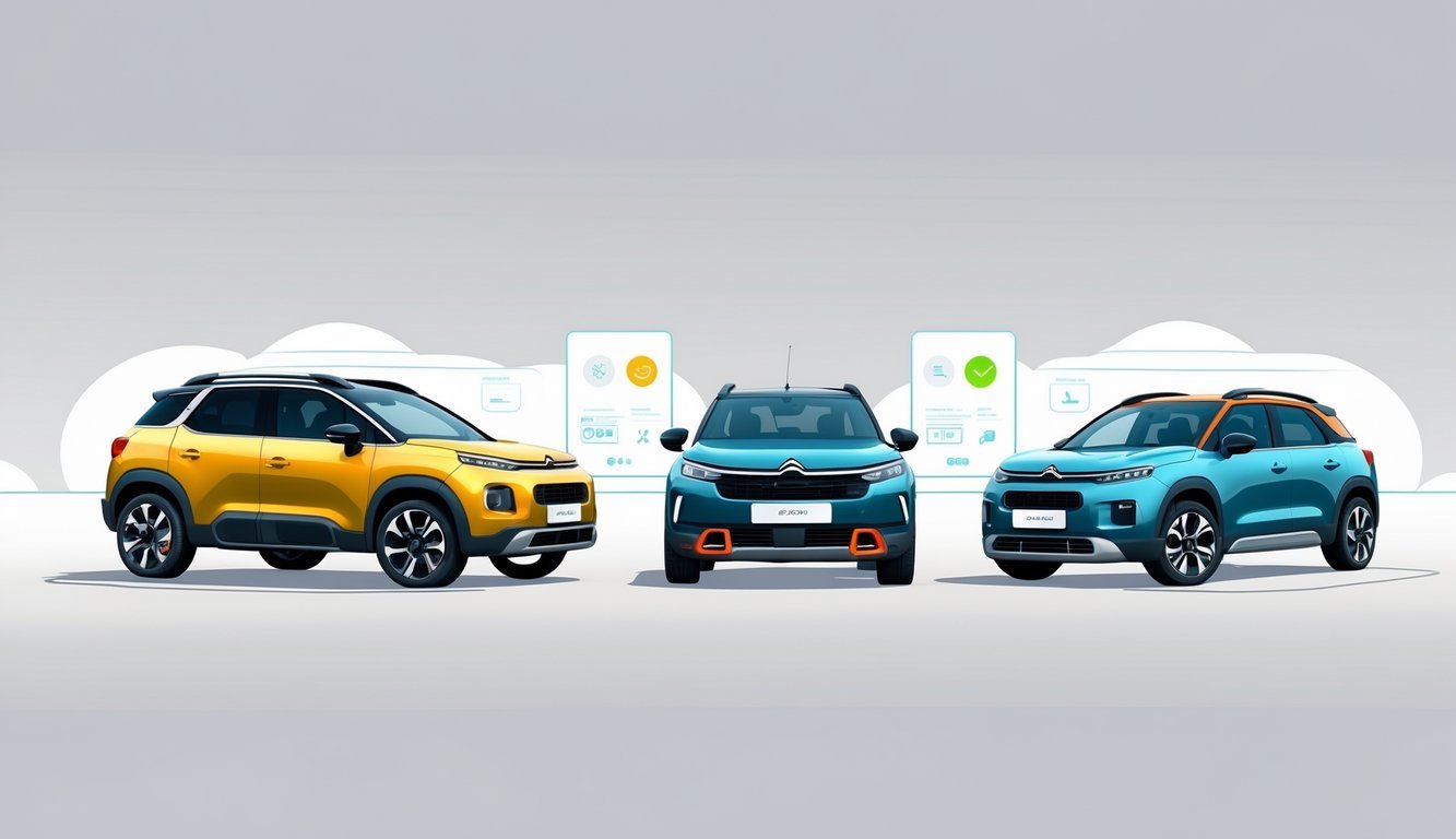 Tri kompaktna SUV vozila postavljena jedno pored drugog radi usporedbe, s naglaskom na njihove karakteristike i dizajn.