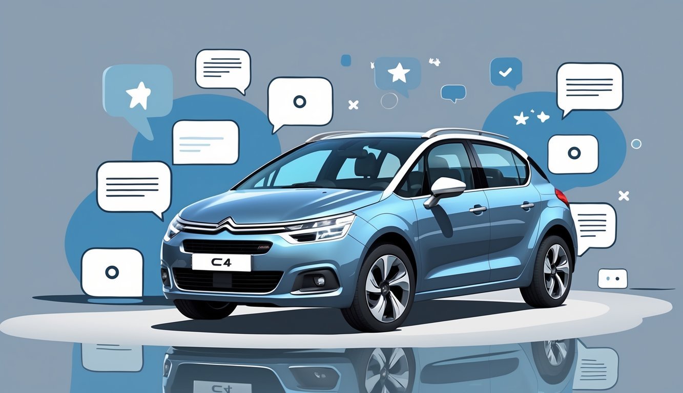 Prikaz automobila Citroën C4 1.4 16V u urbanom okruženju s grafičkim simbolima koji predstavljaju korisnička iskustva.