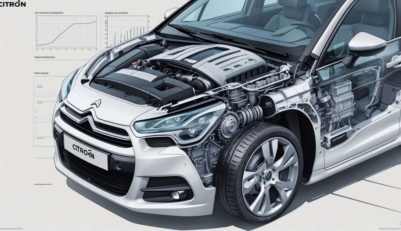 Prikaz motora, mjenjača i dijelova automobila Citroën C4 1.4 16V s otvorenim poklopcem motora.