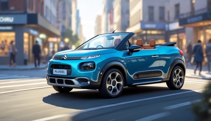 Automobil Citroën C3 Pluriel s djelomično spuštenim krovom parkiran u gradskom okruženju.