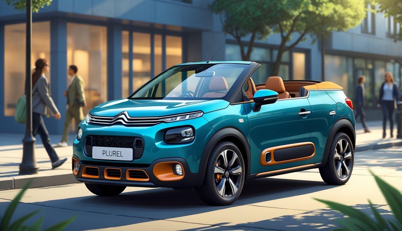 Automobil Citroën C3 Pluriel parkiran na ulici u gradu s djelomično spuštenim krovom.