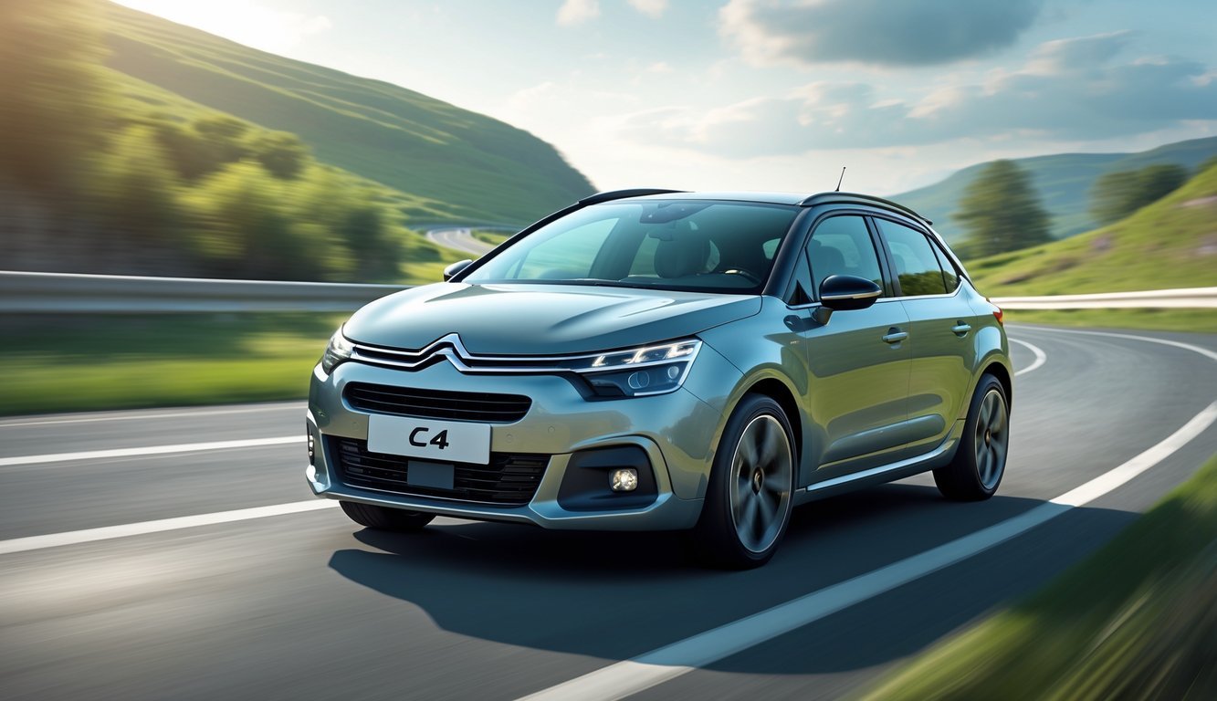 Automobil Citroën C4 1.4 16V vozi se cestom s istaknutim ovjesom i prikazom vozačkog dojma.