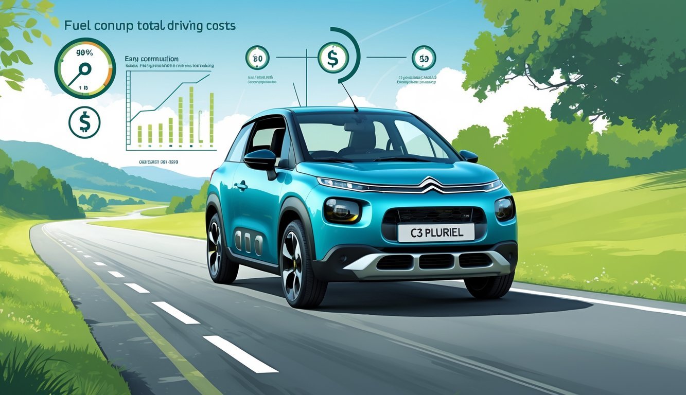 Citroën C3 Pluriel na cesti okružen simbolima potrošnje goriva i troškova vožnje.