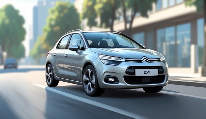 Srebrni Citroën C4 1.6 HDi automobil parkiran na gradskoj ulici s zgradama i drvećem u pozadini.