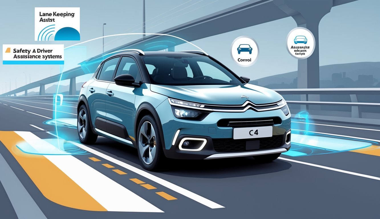 Automobil Citroën C4 na cesti s prikazom sigurnosnih i pomoćnih sustava vozaču.