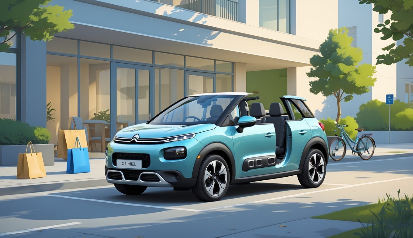 Citroën C3 Pluriel parkiran na gradskom ulici s otvorenim krovom, prikazujući udobne i prostrane unutrašnjosti te praktične detalje.