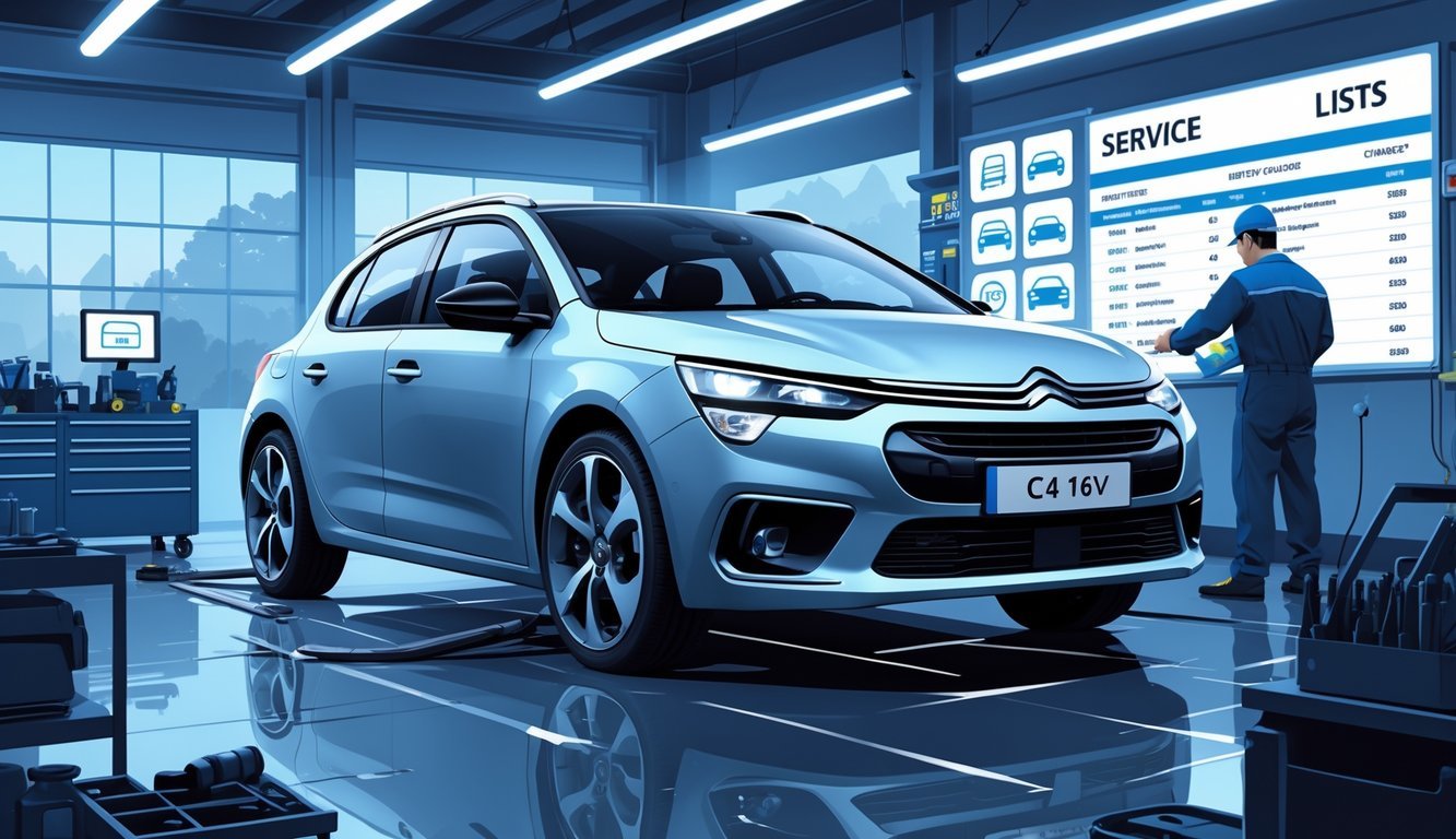 Automobil Citroen C4 1.4 16V u radionici s mehaničarom koji pregledava vozilo i istaknutim dijelovima automobila koji prikazuju tipične kvarove.