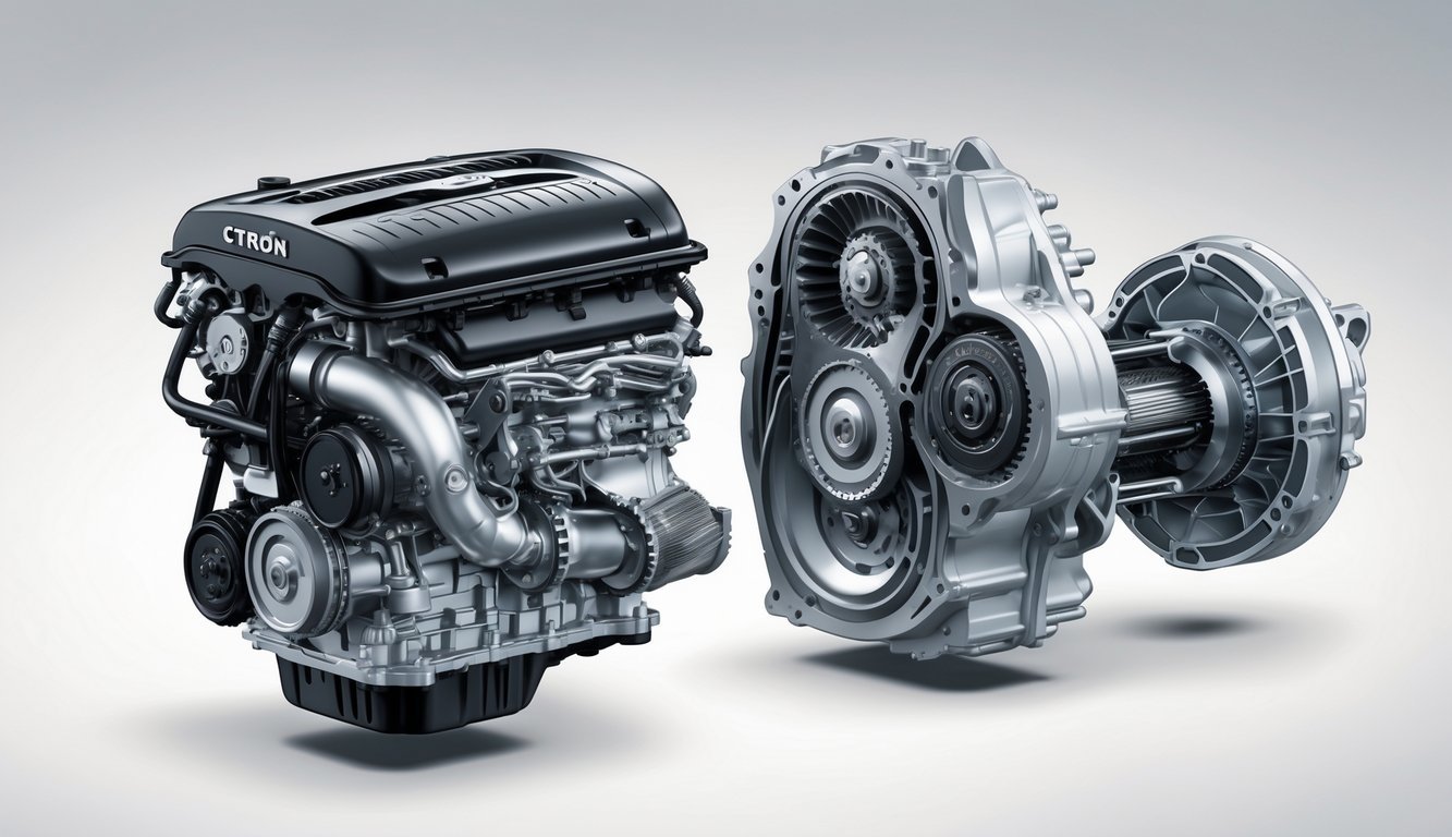 Ilustracija motora i mjenjača Citroën C4 1.6 HDi s prikazom unutarnjih dijelova i komponenti.