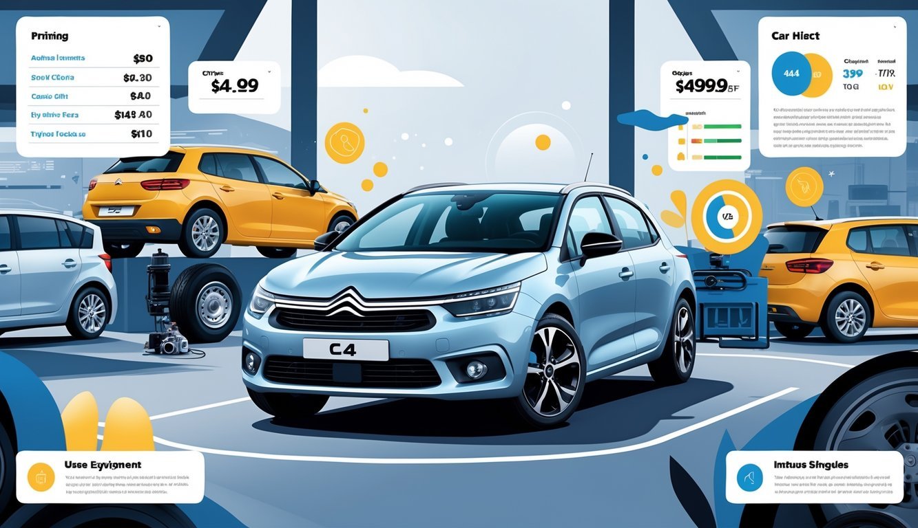 Automobil Citroën C4 1.4 16V parkiran ispred prikaza opreme i grafikona vezanih uz cijene i tržište rabljenih vozila.