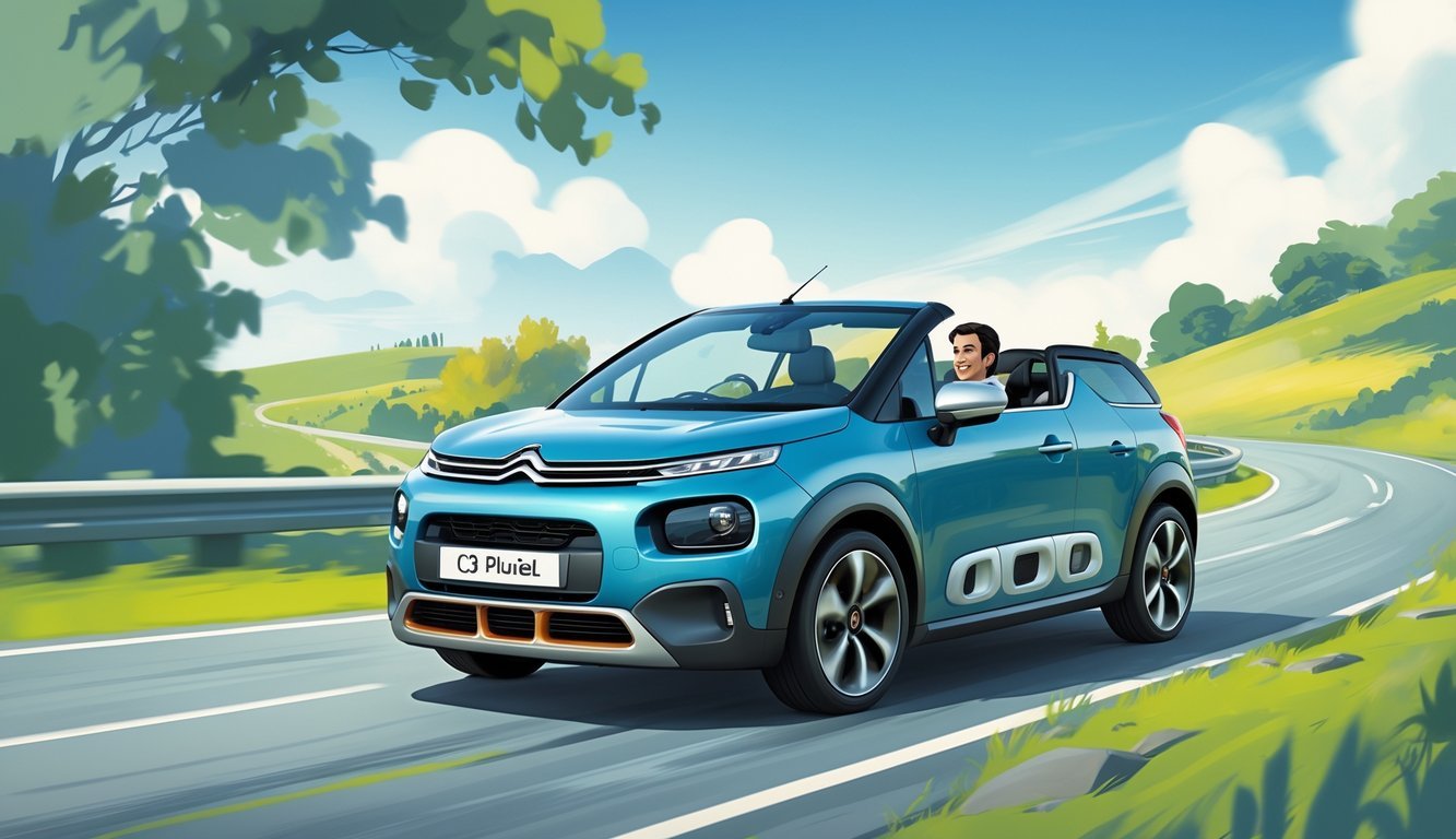 Citroën C3 Pluriel na cesti u pokretu, s vidljivim ovjesom i vozačem koji uživa u vožnji.