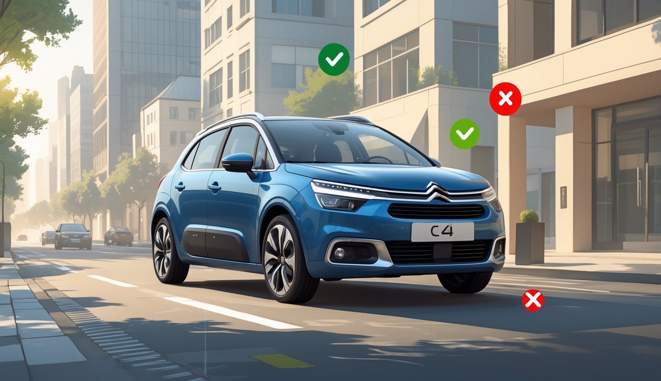Automobil Citroën C4 1.4 16v na gradskoj ulici s prikazom prednosti i nedostataka oko vozila.