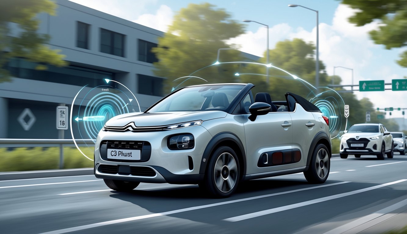 Automobil Citroën C3 Pluriel na cesti s prikazom sigurnosnih i pomoćnih sustava za vozača.