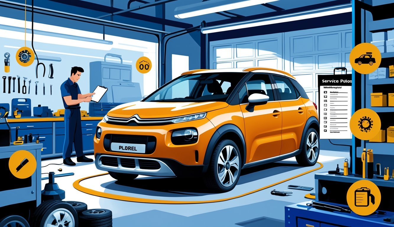 Automobil Citroën C3 Pluriel u garaži dok mehaničar pregledava vozilo, okružen alatima i rezervnim dijelovima.