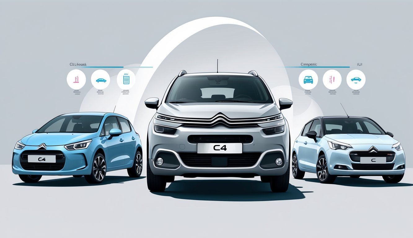 Tri automobila postavljena jedan do drugog, s Citroen C4 1.4 16V u sredini, prikazujući usporedbu s alternativnim modelima.