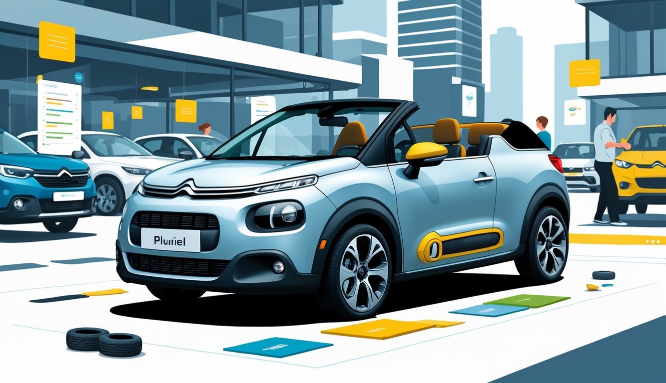 Rabljeni Citroën C3 Pluriel parkiran u gradskom okruženju s ljudima koji pregledavaju automobile i simbolima opreme i cijena.